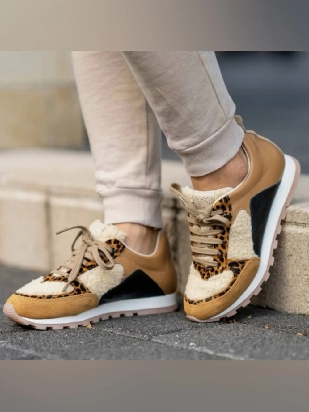Yosi Samra Paige Tan Leather Sherpa Leopard Mix Crossover Sneakers